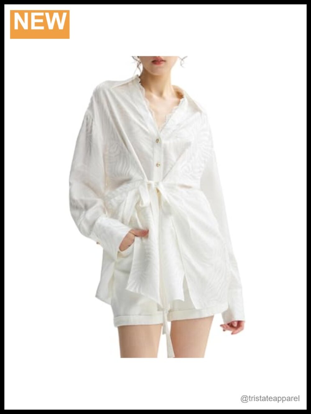 100% Mulberry Silk V-Neck Tie Waist Button Down Blouse Women